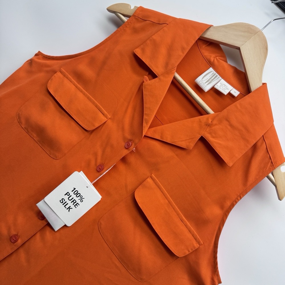 VTG 90s CW J.Crew Silk Cargo Pocket Tank Utility Top Camp Shirt Vibrant Orange M
